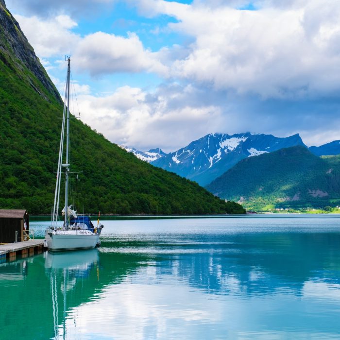 A Sailboat Docked in the Norwegian Fjords, Norangsfjorden Norangdal Urke Norway